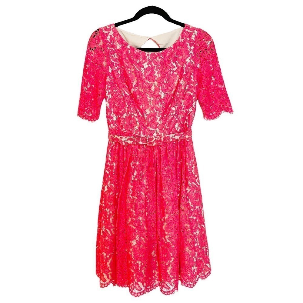 Eliza J Belted Lace Fit and Flare Dress Short Sleeves Red Women's Size 2 - Picture 14 of 15